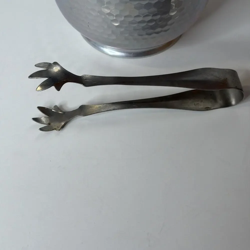 Vintage Hammered Aluminum Ice Bucket and Tongs Mid Century Barware Made in Italy